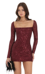 Sequin Long Sleeve Dress in Maroon