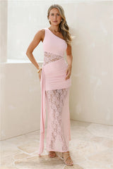 Passion Love One Shoulder Mesh Lace Maxi Dress Pink