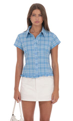 Plaid Button-Up Ruffle Top in Blue