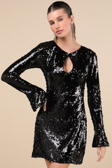 Fabulous Sparkle Black Sequin Cutout Long Sleeve Mini Dress