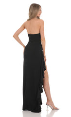 Strapless Ruched Ruffle Maxi Dress in Black