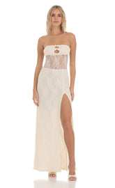 Lace Cutout Strapless Maxi Dress in Cream