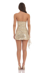 Sequin Side Ruched Strapless Dress in Gold