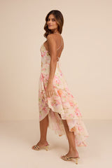 Mava Light Peach Multi Floral Asymmetrical Maxi Dress