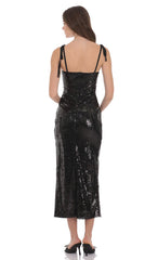Sequin Shoulder Tie Maxi Dress in Black
