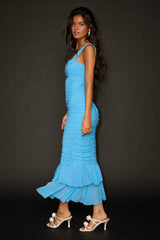 Aelara Turquoise Mesh Ruched Trumpet Midi Dress