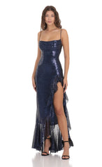 Sequin Ruffle Dress in Navy