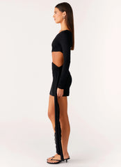 Wrapped Asymmetrical Mesh Dress - Black
