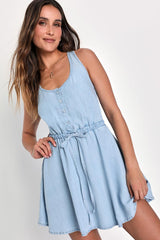 Charming Presence Light Blue Chambray Mini Dress With Pockets