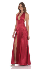 Satin Halter Maxi Dress in Red