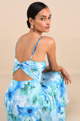 Radiant Feelings Blue and Green Floral Chiffon Midi Dress