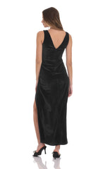 Velvet V-Neck Slit Maxi Dress in Black