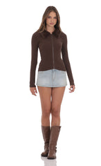 Fur Collar Zip-Up Cardigan in Brown