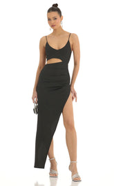 Glitter Cutout High Slit Maxi Dress in Black