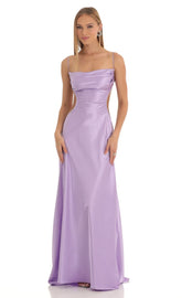 Satin Rhinestone Maxi Dress in Purple