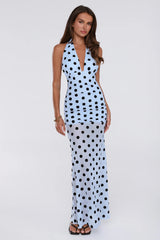 Dancefloor Diaries Halter Polka Dot Maxi Dress Blue