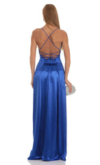 Satin Slit Maxi Dress in Blue