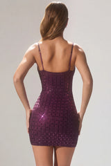Embellished Plunge Semi-Sheer Mini Dress in Deep Purple
