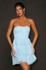 Sweet Perception Light Blue Lace Strapless Tiered Mini Dress