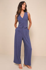 Suits You Perfectly Dark Blue Linen Vest