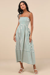 Exceptionally Pristine Green and Cream Striped Cutout Midi Dress