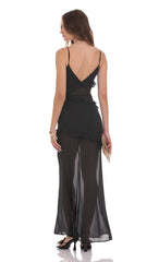 Chiffon Ruffle Cutout Maxi Dress in Black