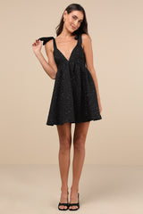 Darling Composure Black Jacquard Floral Tie-Strap Mini Dress