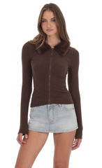 Fur Collar Zip-Up Cardigan in Brown
