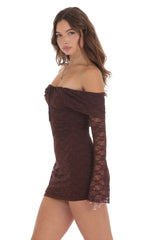 Lace Draped Off Shoulder Dress in Brown