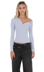 Off Shoulder Henley Top in Light Blue