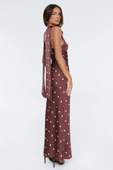 Bloom Star Polka Dot Satin Strapless Maxi Dress Brown
