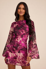 Jaleen Plum Floral Jacquard Bell Sleeve Mini Dress