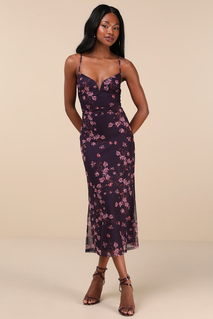 Total Crush Purple Floral Print Mesh Lace-Up Midi Dress