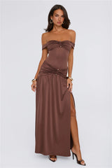 Under Your Charm Off Shoulder Maxi Dress Brown