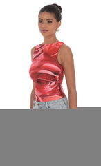 Mesh Rose High Neck Top in Red