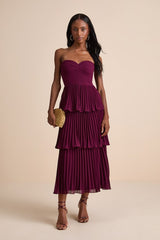 Seriously Sensational Plum Strapless Tiered Midi Dress