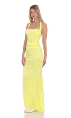Satin Halter Maxi Dress in Yellow