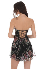 Sequin Floral Strapless Dress in Black