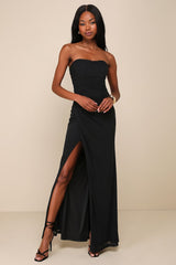 Epitome of Allure Black Mesh Strapless Ruched Maxi Dress