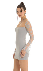 Floral Glitter Long Sleeve Bodycon Dress in Grey