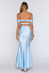 Falling Soft Satin Off Shoulder Maxi Dress Blue