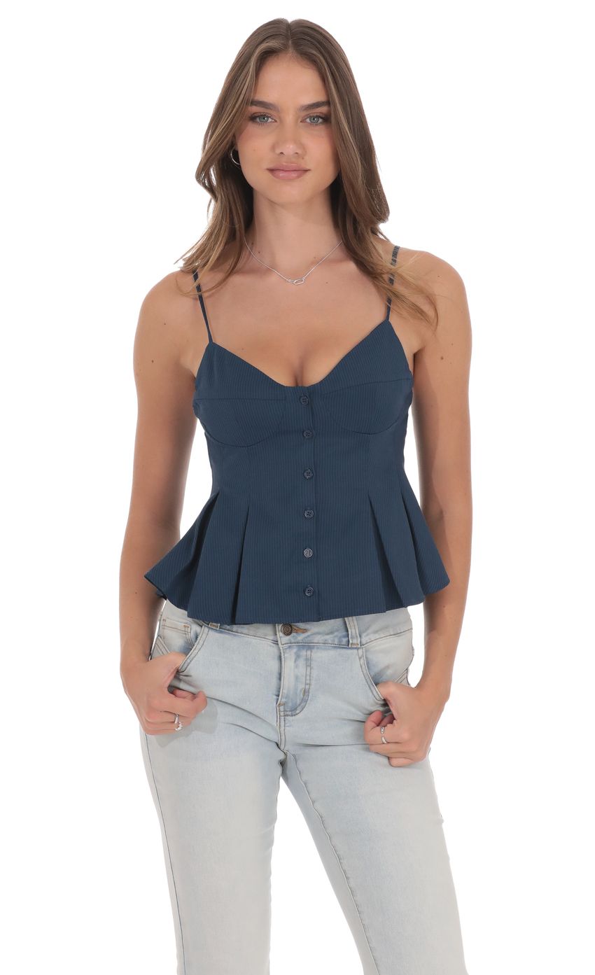 Pinstripe Pleated Flare Top in Navy