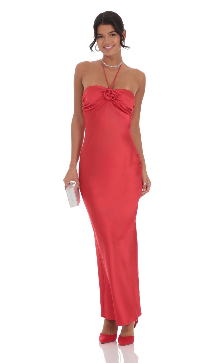 Satin Halter Flower Maxi Dress in Red
