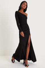 Elegant Sensation Black Asymmetrical Pleated Maxi Dress