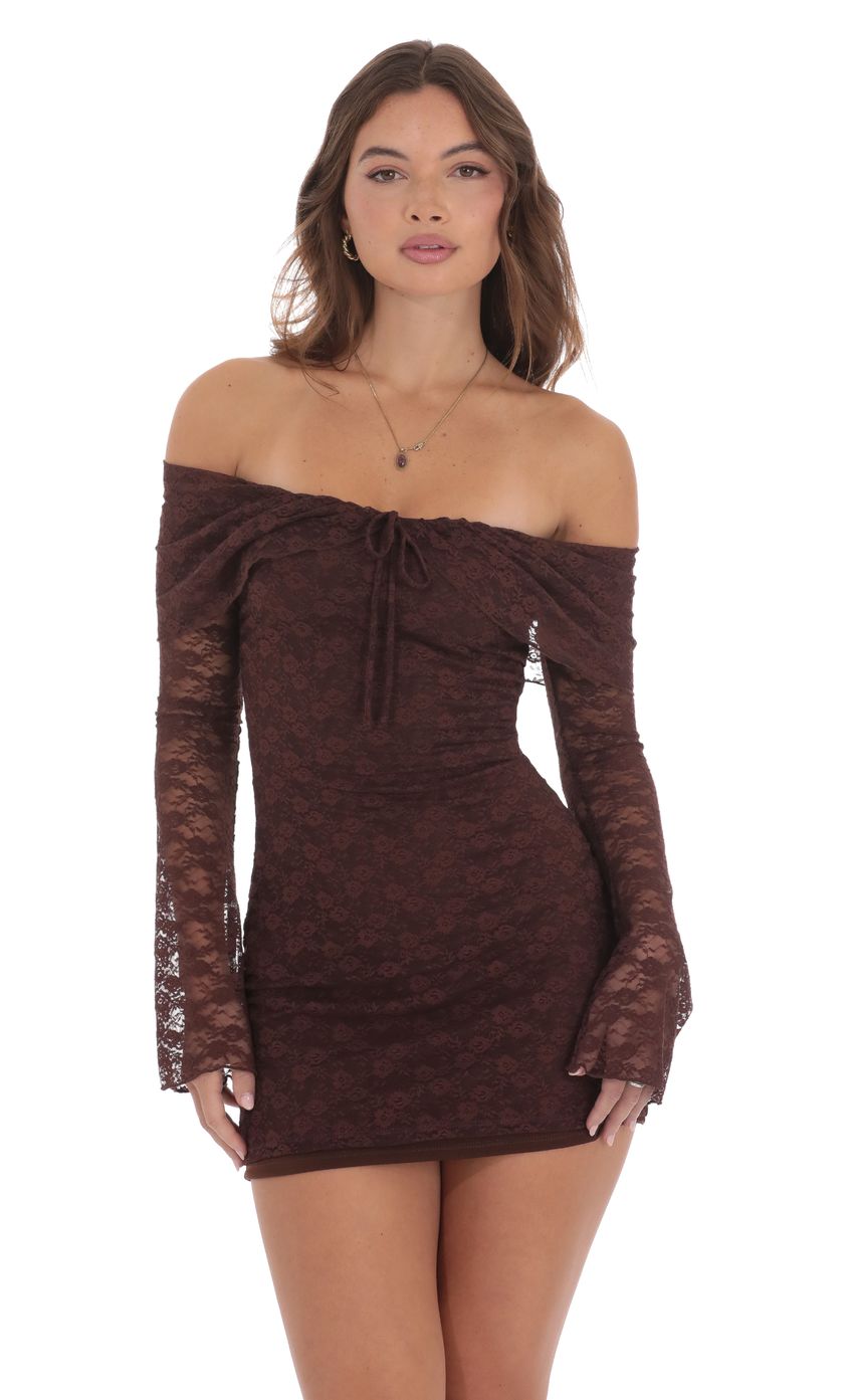 Lace Draped Off Shoulder Dress in Brown