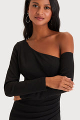 Elegant Sensation Black Asymmetrical Pleated Maxi Dress