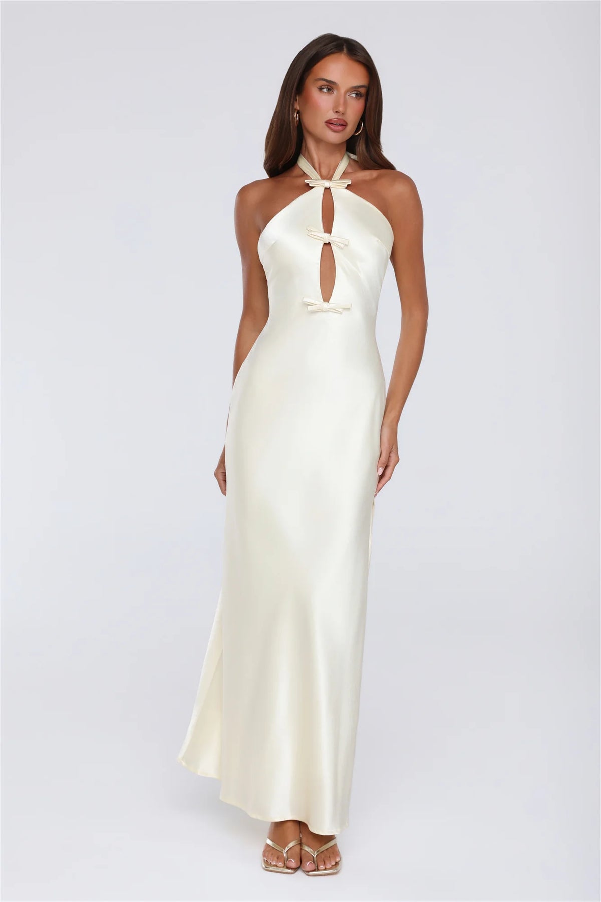 Sleek Halter Neck Cutout Satin Maxi Dress Yellow