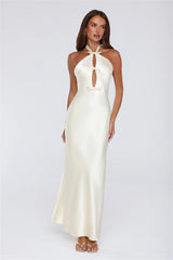 Sleek Halter Neck Cutout Satin Maxi Dress Yellow