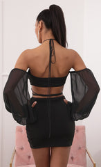 Off-the-Shoulder Two Piece Long Sleeve Set in Black