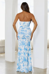 Moonlight Blooms Mesh Strapless Maxi Dress Blue